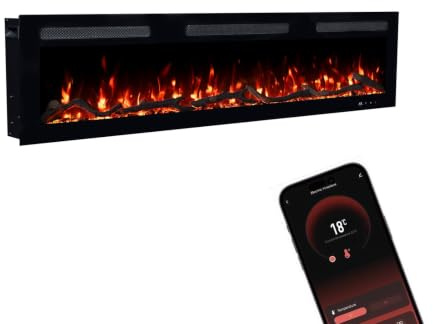 GLOW FIRE Elektrokamin Inside 152 mit realistischem 3D LED-Feuer - Wand-Elektrokamin mit Heizung und Kaminfeuer, App Steuerung, Knistereffekt & Timer, max. 1800 W, 152x35x12cm