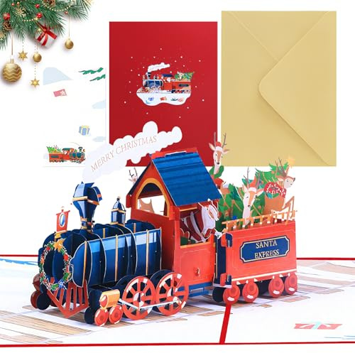 Jocanova Carte pop-up de Noël 3D, Train de Noël pop-up avec enveloppes, Carte de Noël amusante, Cartes de Noël, Carte de Noël pour enfants filles et garçons