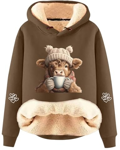 Generic Women's Highland Cow Print Fleece Lined Sherpa Hoodie Sweatshirt for Women - Cute Cow Shirts for Women - Country Western Sweatshirts - Highland Cow Gifts - Navy Blue, XXL