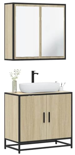 IBUQDDV Mobile Bagno con Specchio e Lavabo, Struttura Metallo Industriale, Truciolato Resistente Umidità, Montaggio a Parete, Colore Rovere Sonoma, 65x33x60 cm e 65x20x60 cm