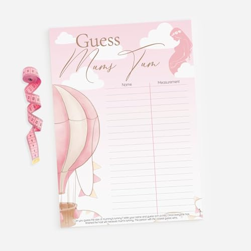 Pink Bee Baby Shower Game 'Guess Mums Tum', Hot Air Balloon Theme, A4 Size Card with Measuring Tape, Pink and Beige Design, Up Up and Away Collection (20 Guest)