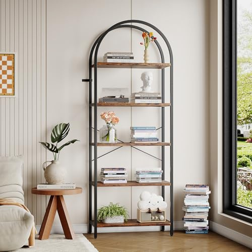 JOLLYTOP Bücherregal, Bogenregal, Hohes Ausstellungsregal, Bücherregale Aus Holz Und Metall, Aufbewahrungsorganizer, Standregal, Industrielles Regal, Für Schlafzimmer, Wohnzimmer, Vintagebraun