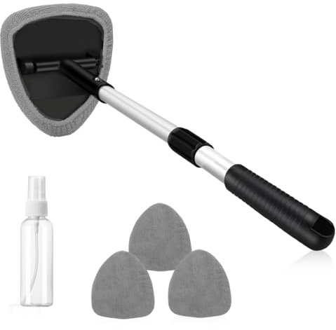 5 Pcs Car Windscreen Cleaner,Car Cleaning Kit, Auto Window Cleaning Tool with 3 Reusable Microfiber Pads, Detachable Handle and Extendable Design, Windshield Wiper Kit for Inside Glass Cleaning (Gray)