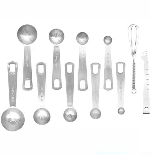 Cucharas medidoras de acero inoxidable, juego de 9 piezas con escala ml/cucharadita/cucharada, marcas métricas dobles para cocinar y hornear, diseño de anillo desmontable con bordes lisos, incluye
