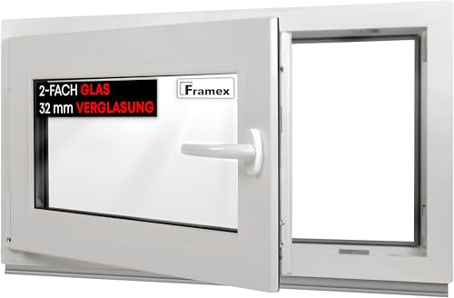 Framex Ventana Para Sótano, de PVC Blanca, 100 x 50 cm (1000 x 500 mm) de Ancho x Alto, Doble Acristalamiento, Cristal Transparente (32 mm), Oscilobatiente, DIN Izquierda - Premium