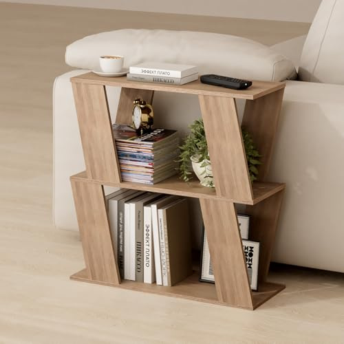Narrow Side Table with 2 Storage Shelves,Z Shaped End Table,60*60*22CM,Oak
