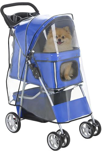 PawHut Passeggino per Cani Pieghevole, Carrozzina per Animali con Copertura Antipioggia, Catarifrangenti, Ruote Girevoli a 360°, Freni e Cuscino Lavabile, Blu