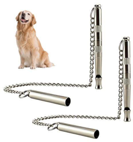 Hounyou 2Pcs Metal Dog Whistles for Recall Silent, Dog Whistle to Stop Barking, Adjustable Frequency, Weatherproof, with Stainless Steel Chain, for Most Breeds (Silver)