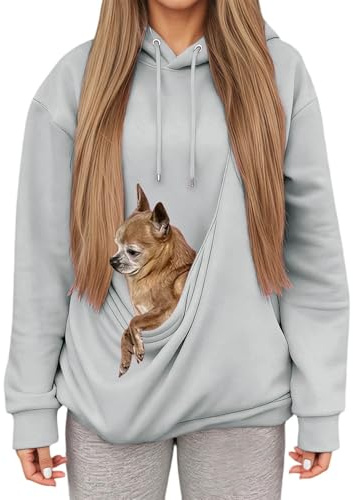 Sweat à Capuche Femme avec Grande Poche Kangourou Fonctionnelle,Pull de Transport pour Chat et Chien,Sweatshirts pour Amoureux des Animaux domestiques (Light Gray, M)