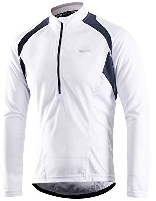 ARSUXEO Cykeltröja för män långärmad mountainbike jersey halv dragkedja cykelkläder 6031, Vitt, L
