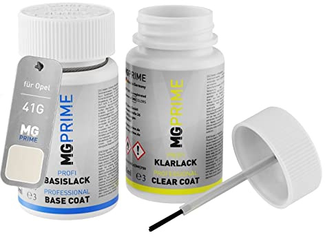 MG PRIME Autolack Lackstift für Opel 41G / 27T GY9 Creme Weiss + Klarlack | Cream White, Set aus Basislack + Klarlack, Lackfläschchen mit Pinsel, je 50ml