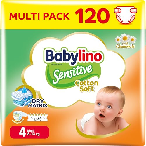 Babylino Sensitive Cotton Soft, Pañales Bebé Talla 4, Maxi (8-13 kg), 120 unidades