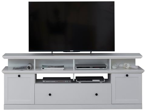 trendteam smart living - Baxter - TV-Schrank - Weiß - TV-Unterteil mit 2 Türen, 6 offenen Fächern und Einer Klappe - (BxHxT) 177 x 65 x 41 cm - inkl. Aufsatz | B 177 x H 65 x T 41 cm · Metallgriffe · optional mit LED-Beleuchtung · 2 Türen, 1 Klappe, 4 offene Fächer