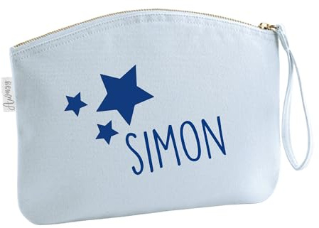 minimutz Schminktasche für Mädchen | personalisiert mit Namensdruck & Sterne | Kosmetiktasche für Kinder (Pastellblau) M (19 x 17 cm)