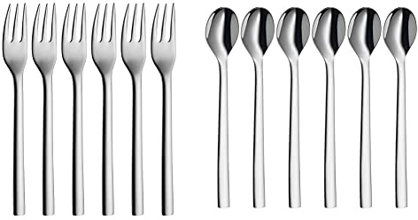 WMF Nuova Kuchengabel, Set 6-teilig, L 16 cm & Nuova Latte Macchiato Löffel Set 6-teilig, Lange Löffel 19 cm, Joghurtlöffel