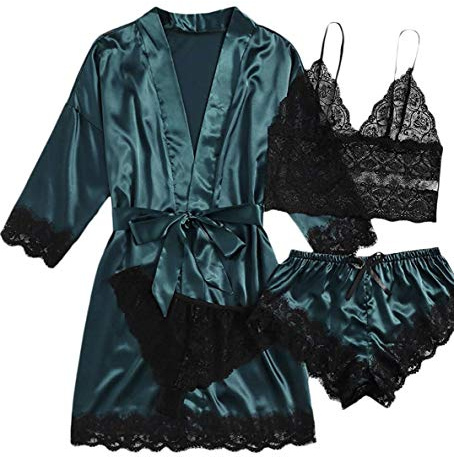 AudMsier Pigiama in Pizzo a Quattro Pezzi da Donna in Raso con Intimo Corto con Cintura, Abbigliamento in Seta (M, Verde)