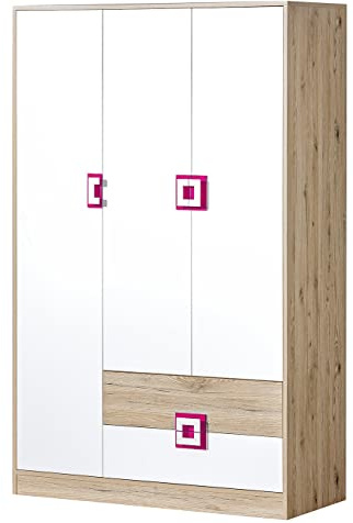 Marmex Nico N3 Dreitüriger Kleiderschrank - Hochwertige Möbelbeschläge - Kleiner Kleiderschrank - Kleiderschrank für Jugend, Kinderzimmer - Eiche Hell + Weiß + Rosa - 120x190x50cm