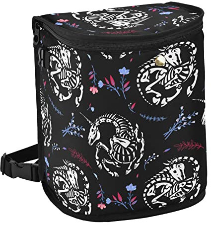 Skeletons of Unicorns Among Blue Floral Wreaths Garlands on Dark Spill-Proof Car Trash Can with Big Lid, Leakproof Hanging Garbage Storage Bag, Large Auto Bin Waste Basket for Truck Van