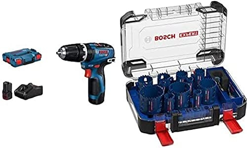 Bosch Professional Akku Schlagbohrschrauber GSB 12V-35 (inkl. 2x3.0 Ah Akku, Ladegerät GAL 12V-40, L-BOXX 102) + 14 tlg. Expert Tough Material Lochsäge Set (für Holz mit Metall, Ø 20-76 mm, Zubehör)