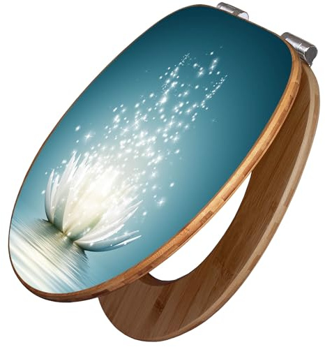banjado Design WC Sitz Bambus Absenkautomatik 45,8x37,5cm - Toilettendeckel mit Absenkautomatik Holz - hochwertiger Bambus Klodeckel - WC-Sitz für gängigen Toiletten - Motiv Magische Lotusblüte