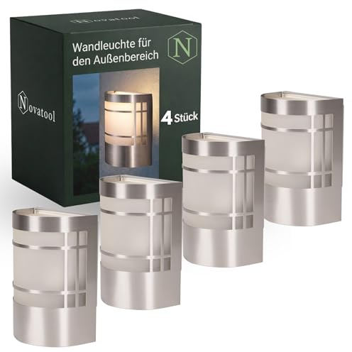 Novatool 4x Außenleuchten Edelstahl IP44 I E27 Sockel I 10,5x13,7x19 cm I Außenlampe für Terasse Aussenleuchten Haus Wandleuchte Aussenbeleuchtung Lampen Außenbereich Außenlicht Outside lights
