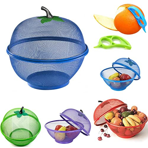 Blå äpple nät med färska fruktkorg och ring, citrusskalare, fruktskål, dekorativt bord - håll oönskade husdjur, insekter ute (1 blå)