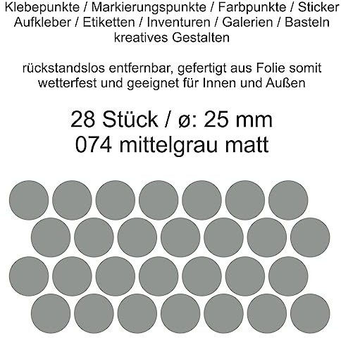 Aufkleber Etiketten Klebepunkte aus Folie 28 Stück grau mittelgrau matt rund 25 mm selbstklebend farbig wetterfest Decal Markierungen Organisieren DIY basteln verzieren Modellbau Scrapbooking