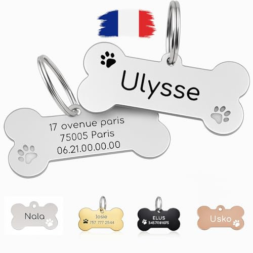 Médaille Chien et Chat personnalisée pour animaux compagnie, Médaille chien en forme d'os avec gravure personnalisable, Plaque d'identification avec nom et téléphone