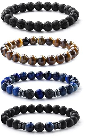 Chriscoco Mens Bracelets 8MM Beaded Bracelet Tigers Eye Lava Rock Stone Stretch Beads Bracelet for Men Women