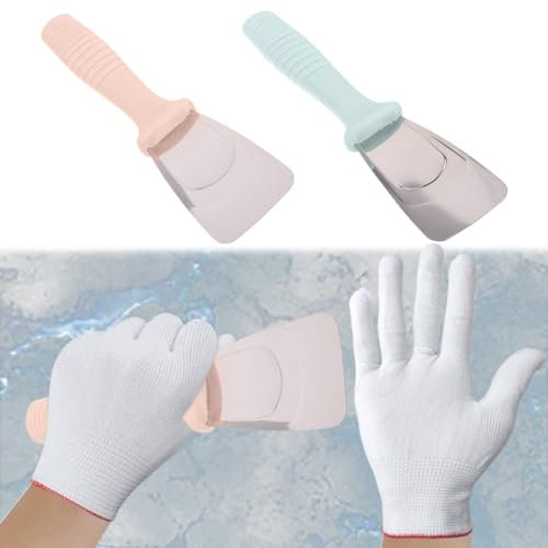 GGUFAY 2 rascador de Hielo para Nevera, Cocina, congelador, Pala de Acero Inoxidable, Multifuncional, Accesorio práctico para el frigorífico con 1 par de Guantes