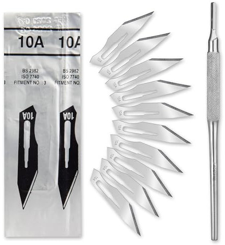 Set - 10 Stück sterile Skalpellklingen Figur 10A aus Karbonstahl - Ersatzklingen + 1 x Shehadeh - Skalpell-Halter mit rundem Griff - Edelstahl