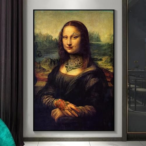 Leinwandgemälde, lustige Kunst, tätowierte Mona Lisa, böses Mädchen, Wandkunst, Poster und Drucke, Da Vinci, berühmte Gemälde für Heimdekoration, 50 x 80 cm (20 x 32 Zoll) Innenrahmen