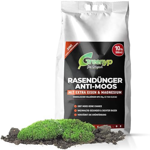 Greenyp Anti Moos Rasendünger I 2in1 Rasen- & Eisendünger 20kg für 400m² | Für Rasenflächen mit Moos | Rasendünger + Eisensulfat granuliert, streuwagengeeignet und staubarm für Frühjahr bis Spätsommer