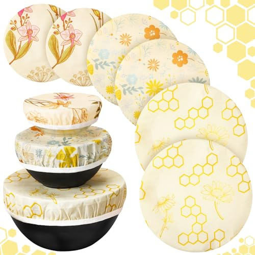 Yiyiring 6 Pcs Reusable Beeswax Bowl Covers for Bread Proofing 6/8/10 Inch Elastic Cotton Bowl Cover 3 Pattern Cloth Food Wrap Bread Proofing Cap for Mixer Container Baskets