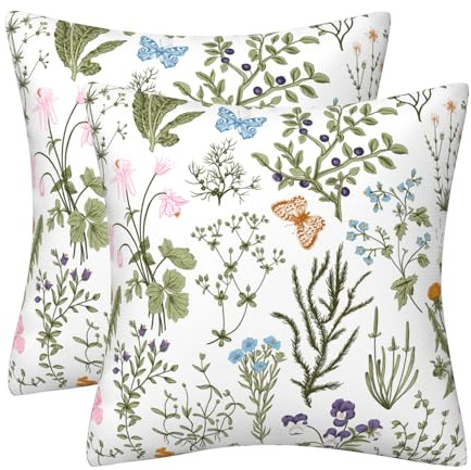 Set of 2 Sage Green Wild Flower Plant Cushion Cover 45 x 45 Spring Summer Floral Soft Velvet Pillow Covers Decor Square Cushions Cases for Sofa Bed Couch Outdoor Home Decorations 18 x 18 Inch