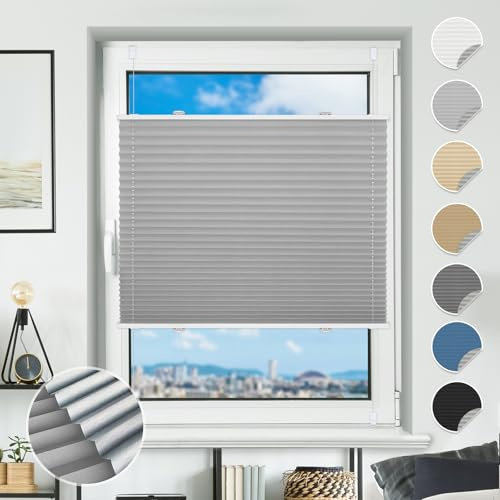 Plissee ohne Bohren Verdunkelung Plissees Klemmfix 35x120cm(BxH) Hellgrau 100% Blickdicht Verdunklungsplissee Fensterrollo innen ohne Bohren Aluminium Rollos für Fenster & Tür
