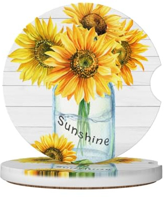 Mexpekil Confezione da 2 sottobicchieri per auto in legno bianco girasole con inserto in ceramica per portabicchieri per bevande con base in sughero