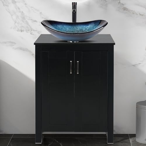 ARTETHYS Bathroom Vanity Units with Basin, 60cm Bathroom Sink Cabinet | Black Bathroom Cabinet Free Standing with Cloakroom Blue Glass Vessel Sink