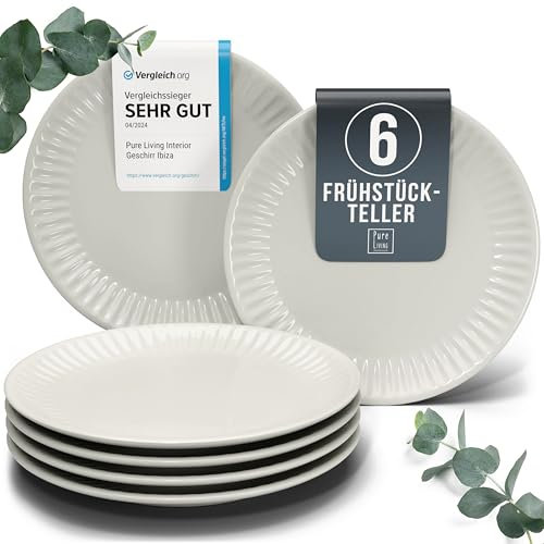 Steingut Frühstücksteller 6 Personen Hygge TESTSIEGER, Traumhaftes Skandinavisches Steingut Dessertteller Set, Kleine Teller, Salatteller - Pure Living in Beige