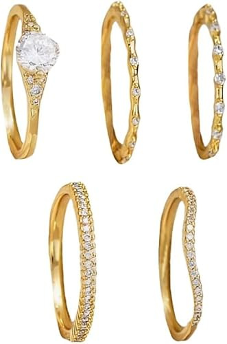 FDEETY 5 Stück Zarte Kristall Ringe Set Stapelbar Schmale Damenringe Zirkonia Besetzt Schmuck Kombination Größe 9