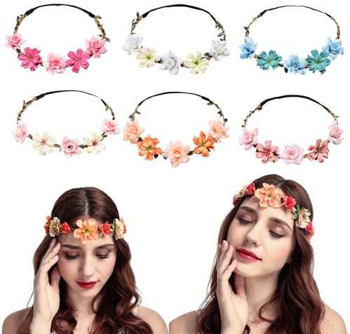 KASESSS 6 Pièces Couronne Fleur Cheveux, Bandeau Multicolore Bohême Serre Tête pour Fête Mariage Voyage Séances Photo