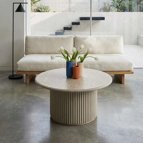 Furnhouse Easy Couchtisch Rund | Marmor-Optik Lamellen Säulenfuß Ø80cm Beige – Skandinavisches Design Wohnzimmertisch