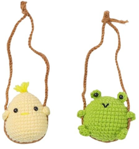 Cute Frog&Chick Crochet Hanging Car Accessories Crochet Pendant for Rear View Mirror Handmade Crochet Animals Car Hanging Ornament Gift (Frog&Chick, 5.5cmx6.5cm)