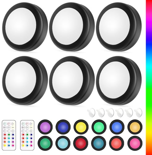 Yiliaw LED Puck-Lichter mit Fernbedienung,AA-Batteriebetriebene Lichter,12 Farben Schrankbeleuchtung,Unterbauleuchten,Drucklichter,Unterschrankbeleuchtung für die Küche,6er-Pack, Schwarz-magnetische