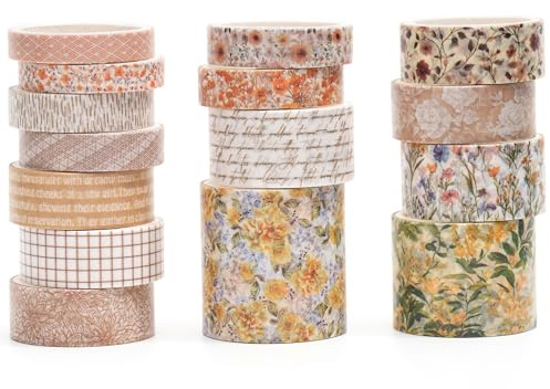 Songdao 20 rullar Chinoiserie Washi Tape Set Dekorativt guldmaskeringstejp Blomma tejp Färgstark för konst, gör-det-själv-hantverk, dagbok, planer, scrapbook, förpackning (2-Sunflower Meadow)