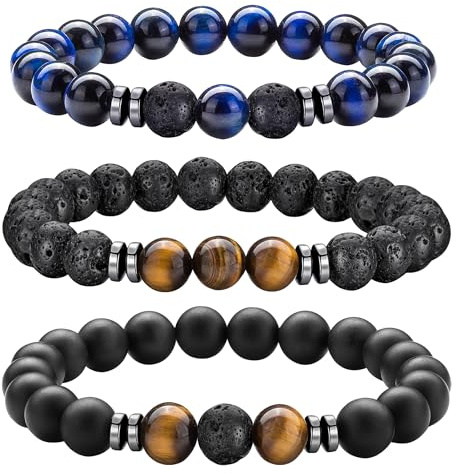 Mochity 3 pièces Bracelet Oeil De Tigre Pour Homme, 8mm Bracelet Homme Perles Pierre Naturelle, Réglables Bracelets Hommes, Cadeaux Pour Hommes