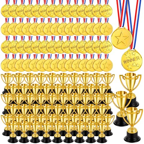 LZMDISU Mini-Trophäen und Medaillen für Kinder – Gold-Preistassen und Sportmedaillen-Set – leichter Kunststoff, Preistrophäen für Turnier, Klassenzimmer-Belohnungen, lustiges Laufrennen, Partyzubehör