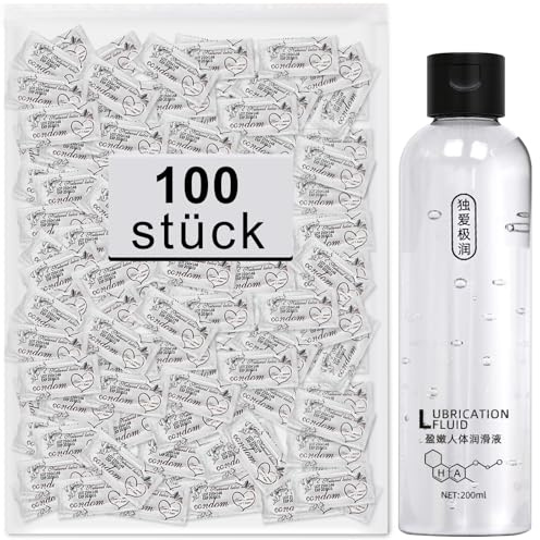 Kondome 100 Stück Packung mit 200ml Schmiermittel- Condoms für männer - Natürliches Empfinden - Extra dünne Kondome für intensives Empfinden beim gemeinsamen Liebesspiel- 53 mm breite