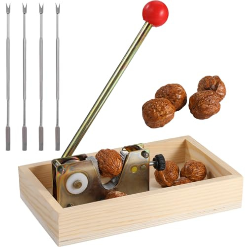 yeeplant Cascanueces con base de madera, resistente, incluye 4 palillos de tuerca, palanca ajustable, mango de bola roja para un fácil agrietamiento de nueces