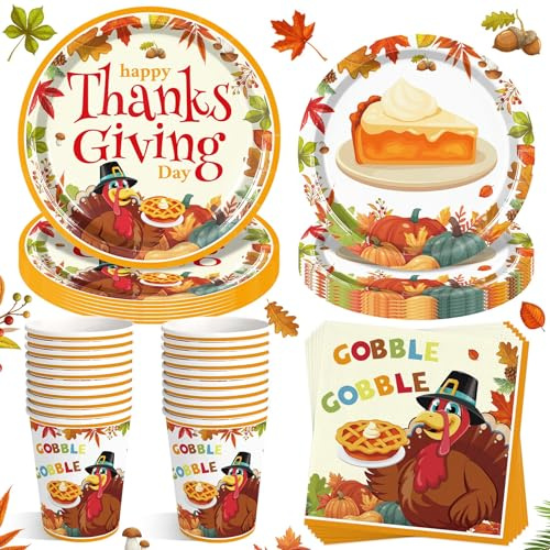 Service de Vaisselle Jetable Thanksgiving - 20 Assiettes Plateaux Dessert, 20 Petites Assiettes, 20 Verres et 20 Serviettes - Motifs Dinde et Tarte à la Citrouille - Fête d'Action de Grâce